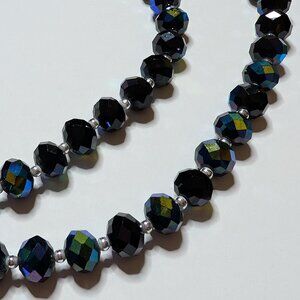 Long Single Strand of Black Iridescent Faceted Crystal Beaded Necklace